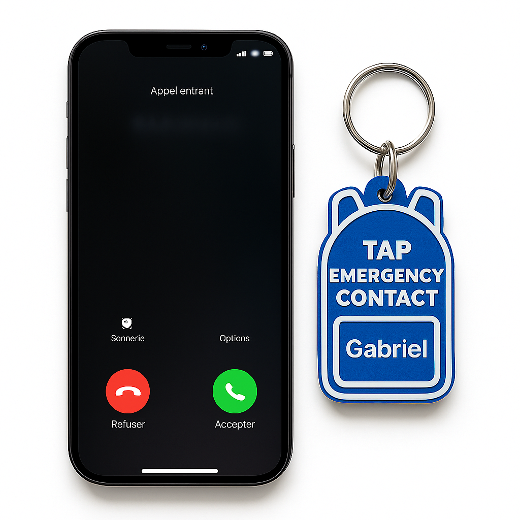 Porte-clé NFC “Tap For Emergency Contact” – Sécurité Enfant & École – Personnalisé avec prénom