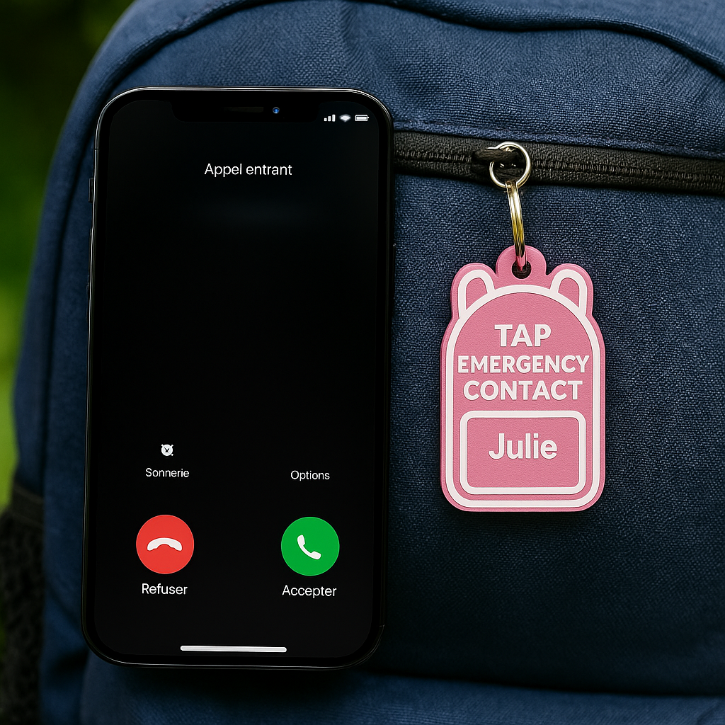 Porte-clé NFC “Tap For Emergency Contact” – Sécurité Enfant & École – Personnalisé avec prénom